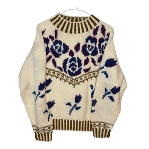 Vintage Large Country Suburbans Hand Knit Sweater Floral Purple Cream Tan